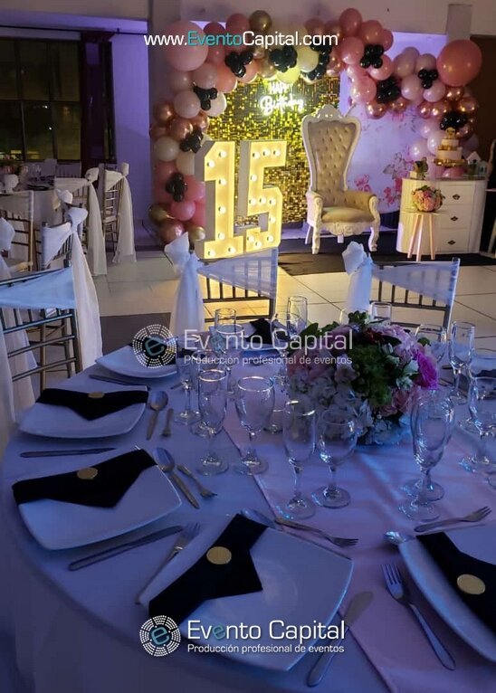 Quince 15 Años Arco Globos Oro Rosa Silla Trono Numeros Led Silla Tiffany Camino Rosa (2)