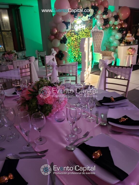 Quince 15 Años Arco Globos Oro Rosa Silla Trono Numeros Led Silla Tiffany Camino Rosa (36)