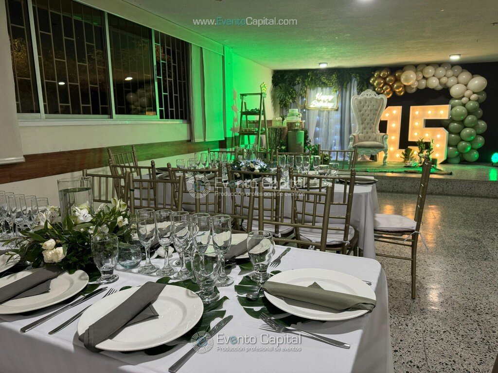 Quice Años Numeros Luminosos Manteleria Servilleta Verde Sillas Tiffany Doradas (4)